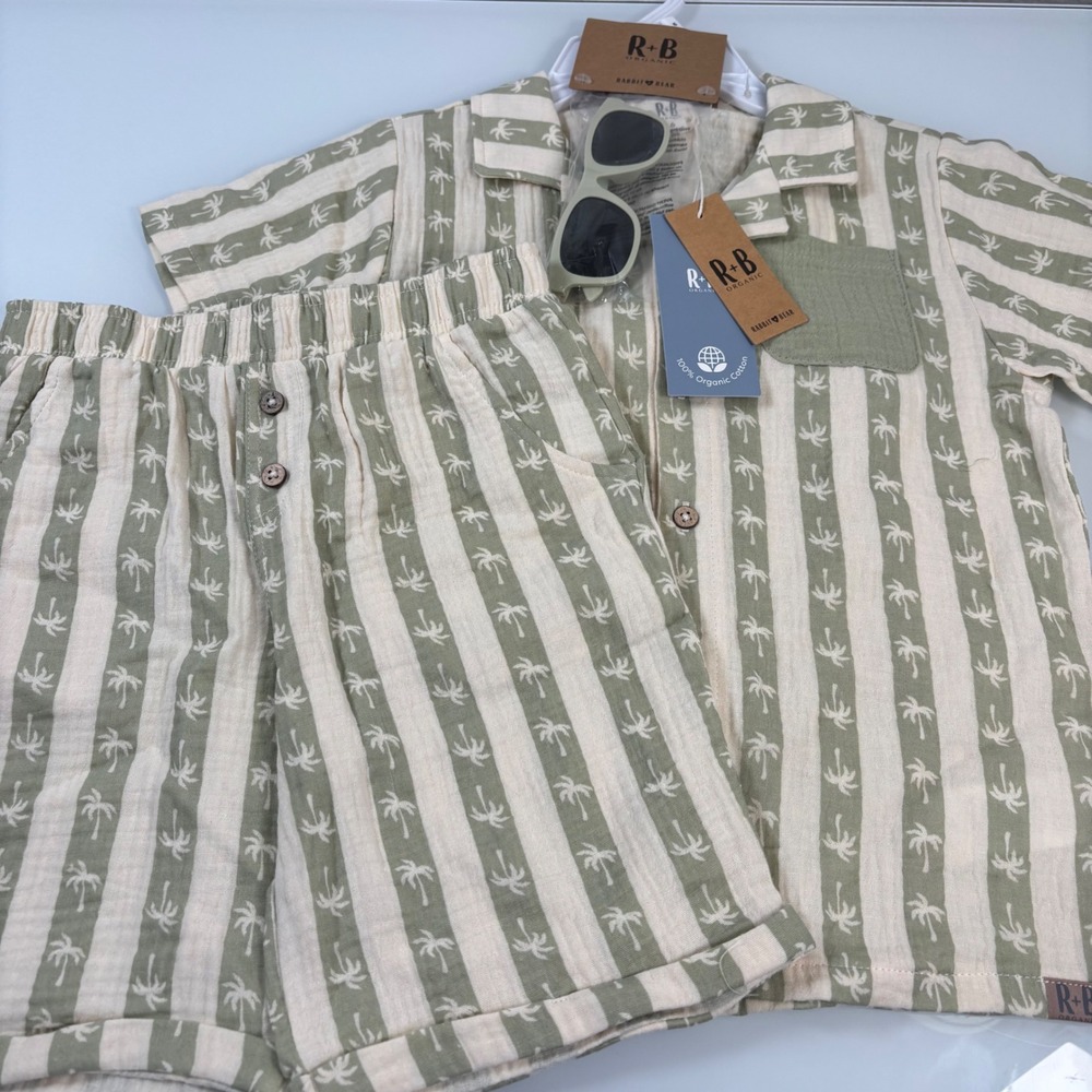 Rabbit + Bear Kids Size 6 Green Palm Stripe Gauze Shirt Shorts Sunglasses NEW